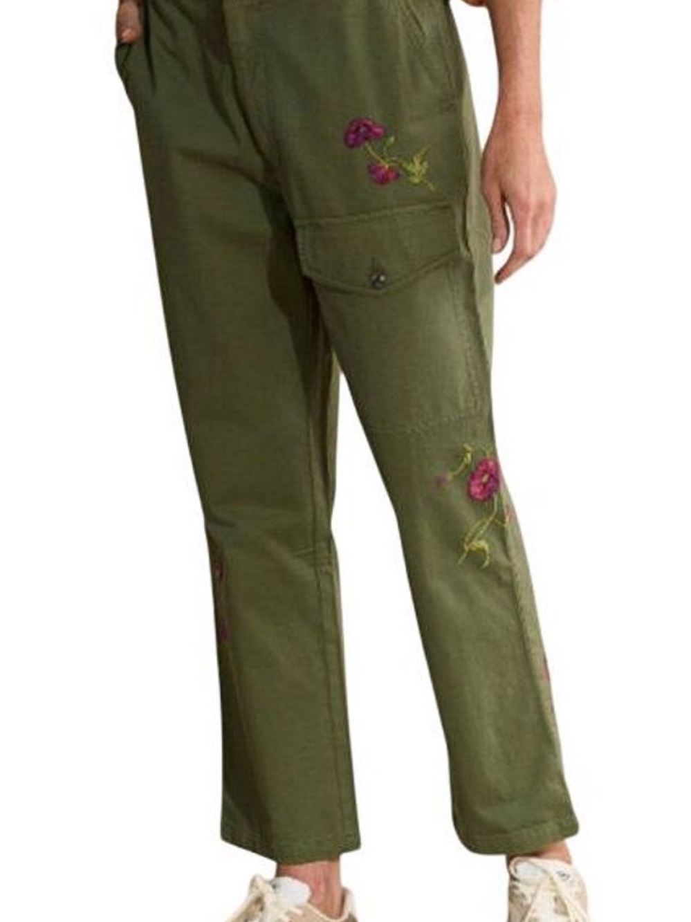 Sundance Olive Green Straight-Leg Cargo Pants with Purple Floral Embroidery